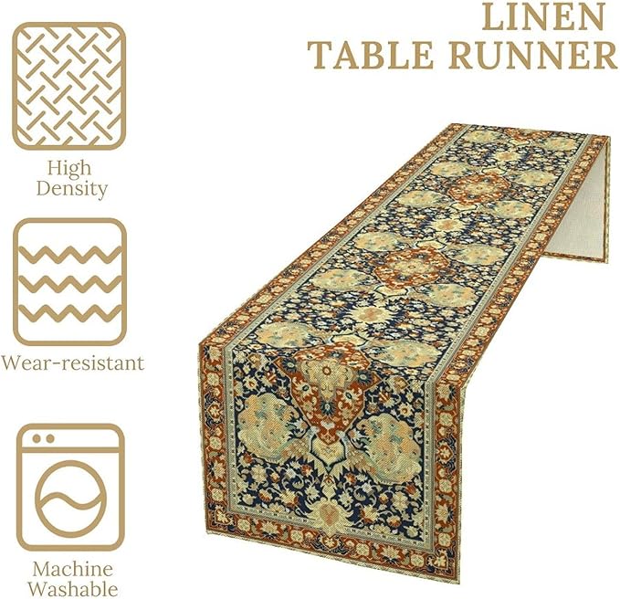 Vintage Boho Floral Table Runner, Elegant Luxurious Rustic Country Farmhouse Navy Blue Gold Retro Flower Pattern for Home Kitchen Table Decor Dining Coffee Room Party Decor 13x108in