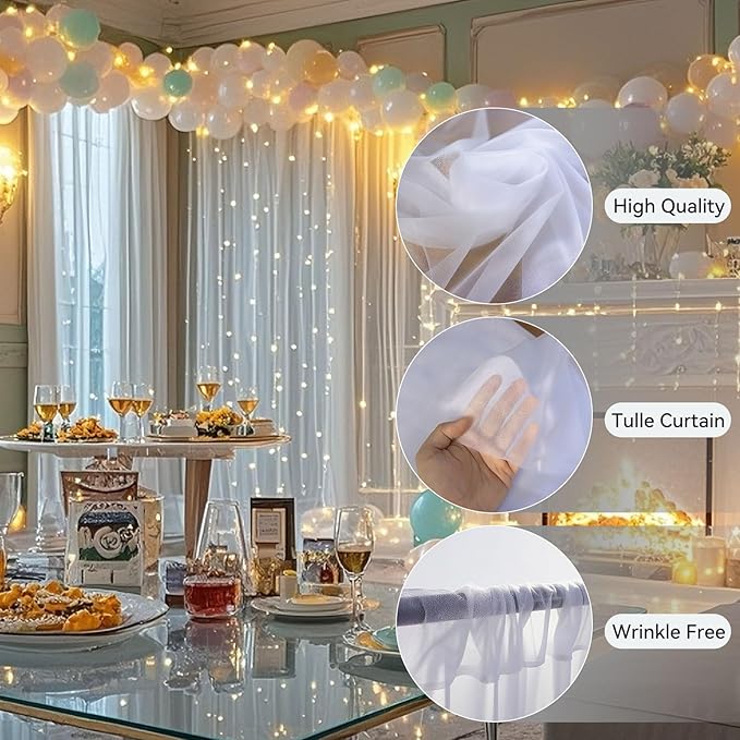 Ledido 10×8ft Tulle Backdrop Curtains with Lights String - 300LED Fairy Lights Sheer Curtain Backdrop for Weddings Baby Shower and Birthday Party Decorations(2 Panels 5×8ft)