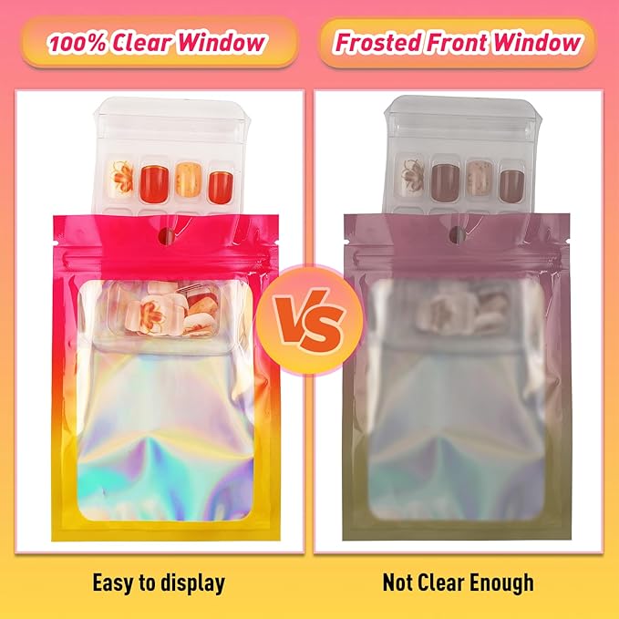 Funfery 100 Pack Gradient Holographic Bags,Mylar Resealable Bags with Zipper,Clear Window Packaging Pouchs,Smell Proof Foil Bag for Food Storage,Sample Jewelry Baggies(4×6In,Hot Pink Orange)