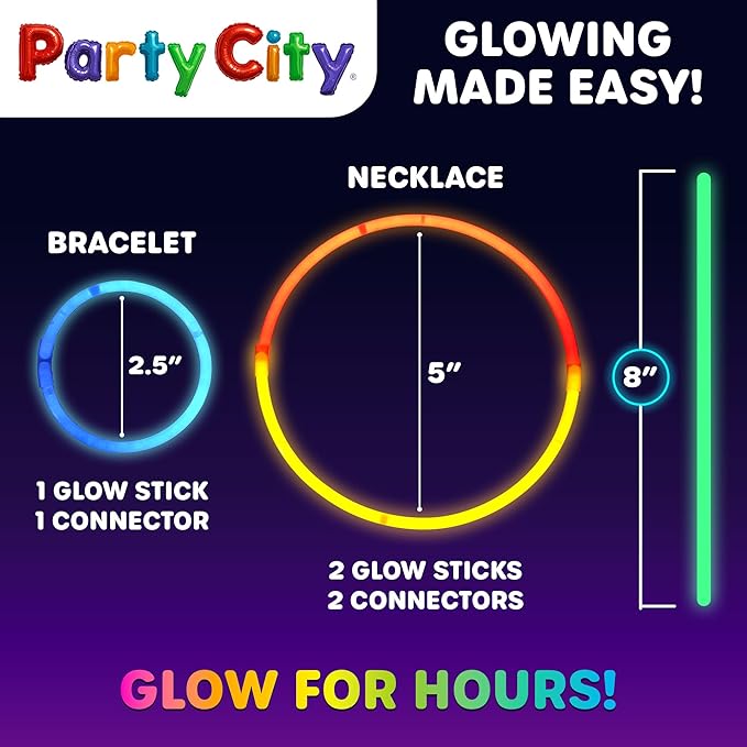 Party City 200 Glow Sticks Bulk Party Pack 8”– Neon Glow in the Dark Party Supplies, Glowsticks with Connectors Bracelets & Necklaces, Light Up Favors for Kids, Adults, Birthdays, Parties, Decorations