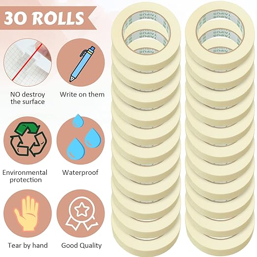 Masking Tape Bulk General Purpose Masking Painting Tape 55 Yards for Painting Home Office School Stationery Arts Crafts Basic Use, Easy Removal(30 Rolls,0.8 Inch)