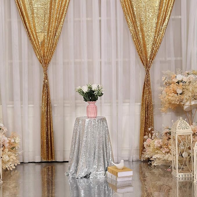 Backdrop Curtains, 4 Pieces Gold 3mm Sequin, 3 x 8 ft Seamless