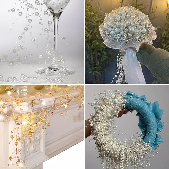 98FT Pearl Beads String Garland, 8mm 3mm Silver Faux Pearl Beads Roll Strand Bulk for Wedding Party Flower Christmas Decoration DIY Craft