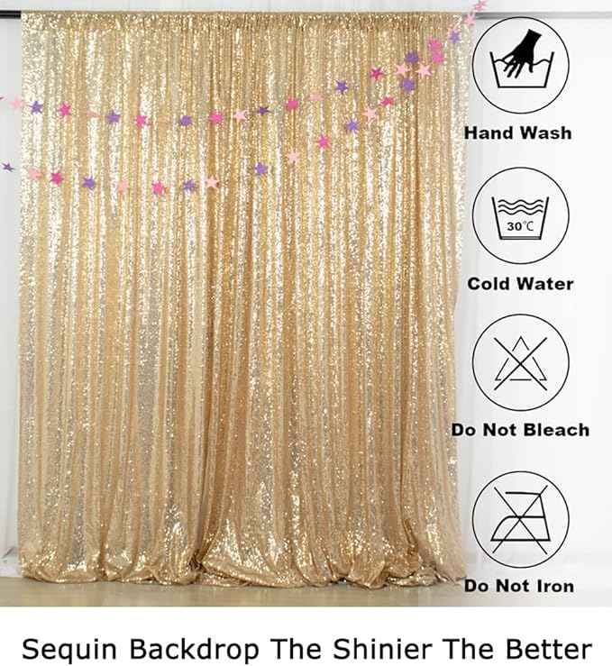Backdrop Curtain in Light Gold, 10 x 10 ft Sequin Photo Backdrop with Rod Pocket