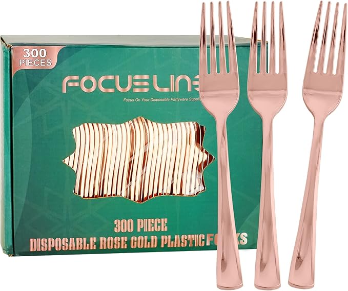 Rose Gold Plastic Party Forks, 300 Count, 7.4 Inch Disposable Utensils