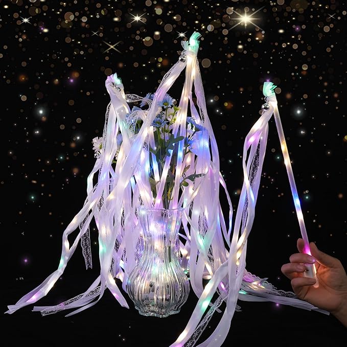 Streamers 100 Pack Light Up Wands with Ribbons, Bells and LEDs