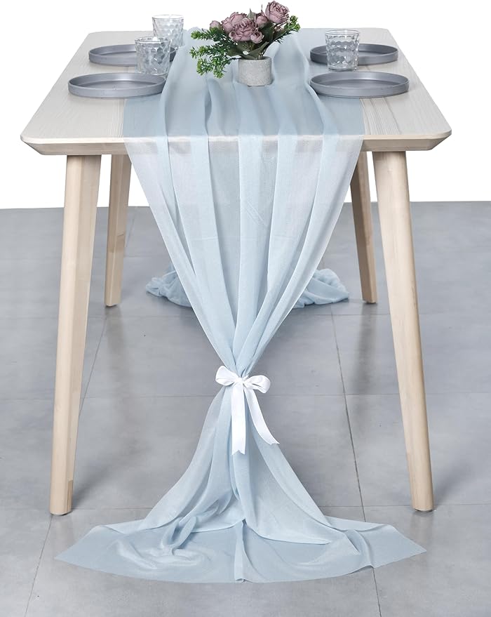 MDS 20 Pack 10ft Chiffon Table Runner 29 x 120 Inches Sheer Wedding Runner Romantic Rustic Table Runner for Wedding Decorations, Birthday Parties, Bridal Shower Party Arch Decor - Baby Blue