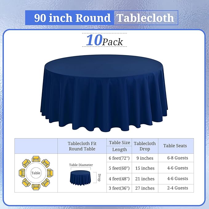 10 Pack Navy Blue 90 Inch Round Polyester Tablecloths - Wrinkle & Stain Resistant, Perfect for Weddings, Parties & Everyday Use
