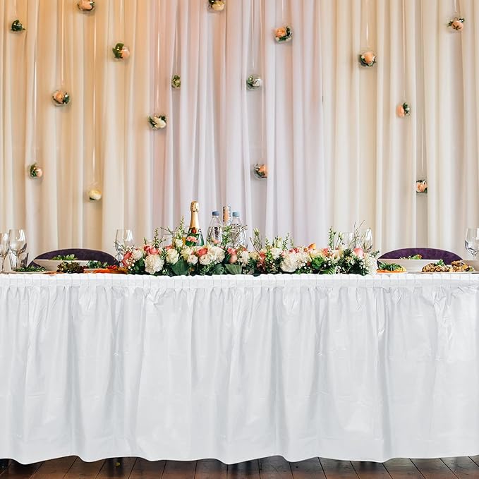 TURSTIN 4 Pieces White Plastic Table Skirts 14 Feet x 29 Inch for Rectangle Tables Fitted Tablecloth Disposable Table Cover for Birthday Party, Events, Banquette Baby Shower
