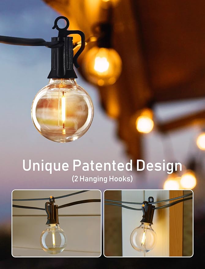 String Lights for Outdoor Patio, 100 FT Warm White G40 LED, Black