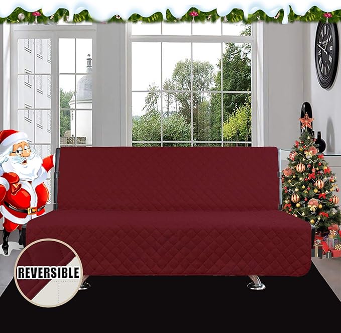 Sofa Slipcover, Reversible Microfiber Futon Cover in Christmas Red/Ivory