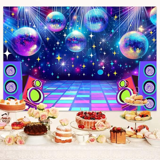 Dance Party Backdrop Retro 80s 90s Theme Stage Dance Ball Music Birthday Party Decoration DJ Photography Background 12 x 10 ft for Baby Shower Picture Photo Shoot Polyester Fabric,Multi1