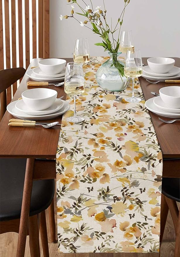 Vintage Orange Flower Cotton Linen Table Runner for Dining Kitchen, Wedding Outdoor Party Tablerunners Decoration, Farmhouse Botanical Floral Retro Dresser Scarf Coffee Tablecloth Runners 13x60 Inches
