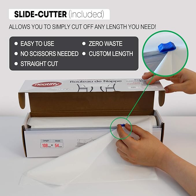 Plastic Table Cover Roll, 54-Inch Wide, White, Slide Cutter