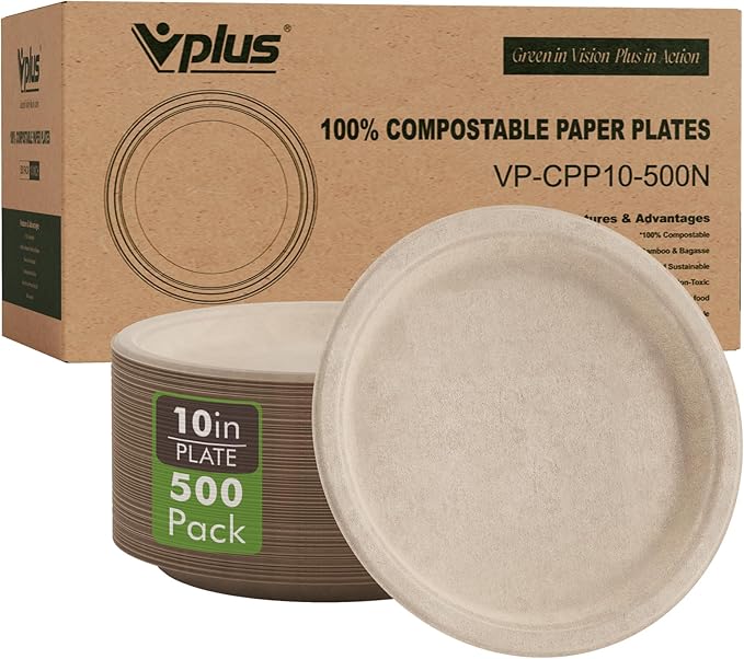 Disposable Paper Plates, 500 Count, Sugarcane Bagasse, Heavy-Duty