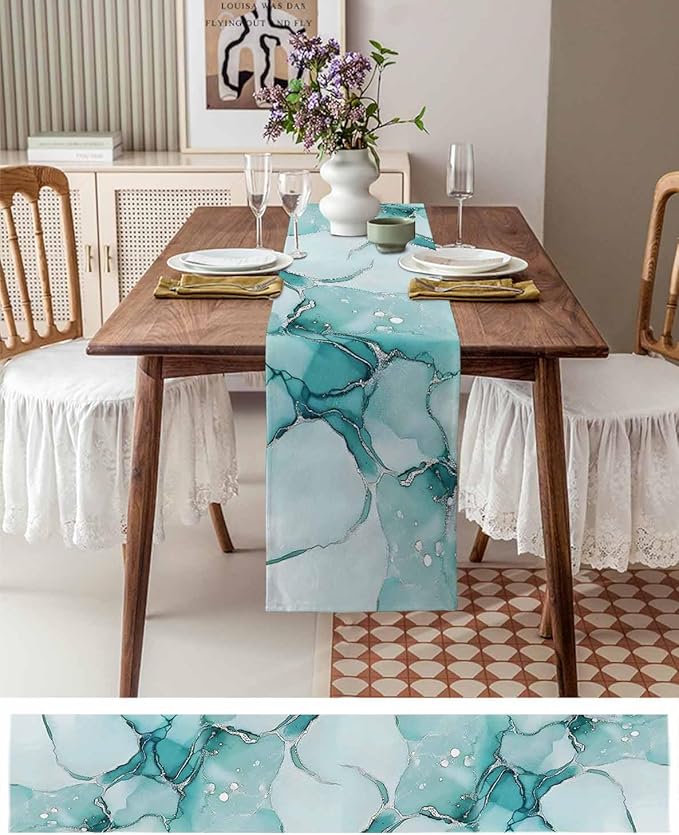 Turquoise Marble Cotton Linen Table Runner for Dining Kitchen, Wedding Outdoor Party Tablerunners Decoration, Nature Marble Crack Country Retro Dresser Scarf Coffee Tablecloth Runners 13x48 Inches