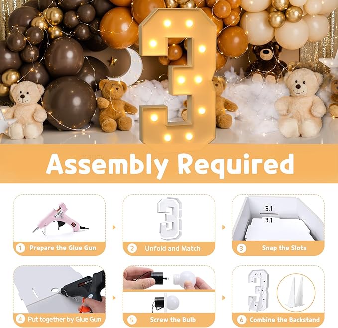 Party Supplies 4 FT Light Up Marquee Number 3, Foam Board DIY Sign