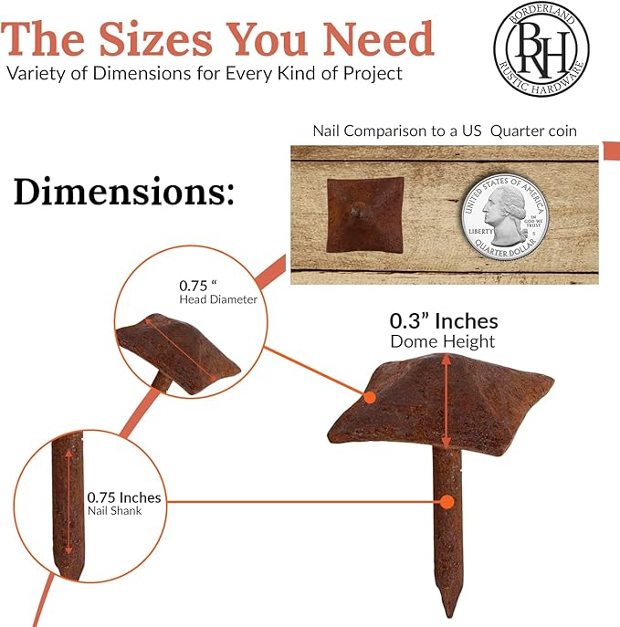 50 Pack 0.75" Square Head Iron Clavos Decorative Nails – Rusted – Handmade Rustic Square Fasteners for Farmhouse Shutters, Faux Wood Beams, Barn Doors, Shutters, and Gates – Ornamental Wood Accent
