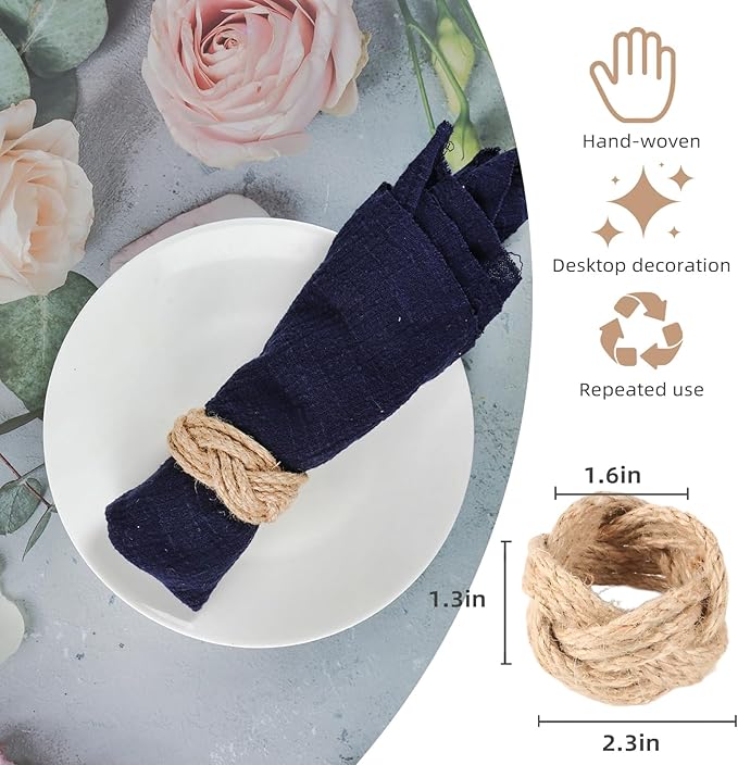 Napkin Rings Set of 48, Handmade Brown Jute Woven, Rustic Style