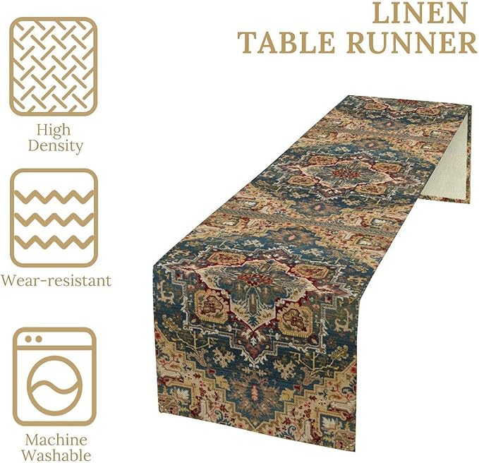 Boho Bohemia Style Table Runner, Country Rustic Farmhouse Vintahe Colorful Geometry Print Table Runner for Home Kitchen Dinner Party Holiday Decor, 13x36inch