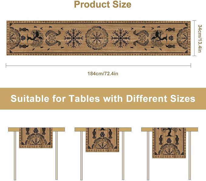 Viking Tree of Life Table Runner, Wooden Printed Eagle Dragon Boat Rudder Seasonal Kitchen Dining Table Decoration for Home Party 13x90 Inch