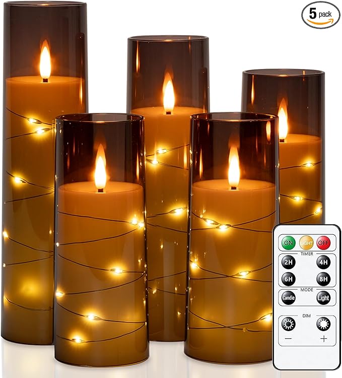 Raycare Flameless Candle with Remote Timer – 5 Flickering Acrylic Battery Operated LED Pillar Candles with Embedded Star String for Halloween, Fall Decor, Harvest Festival Gifts(Grey)
