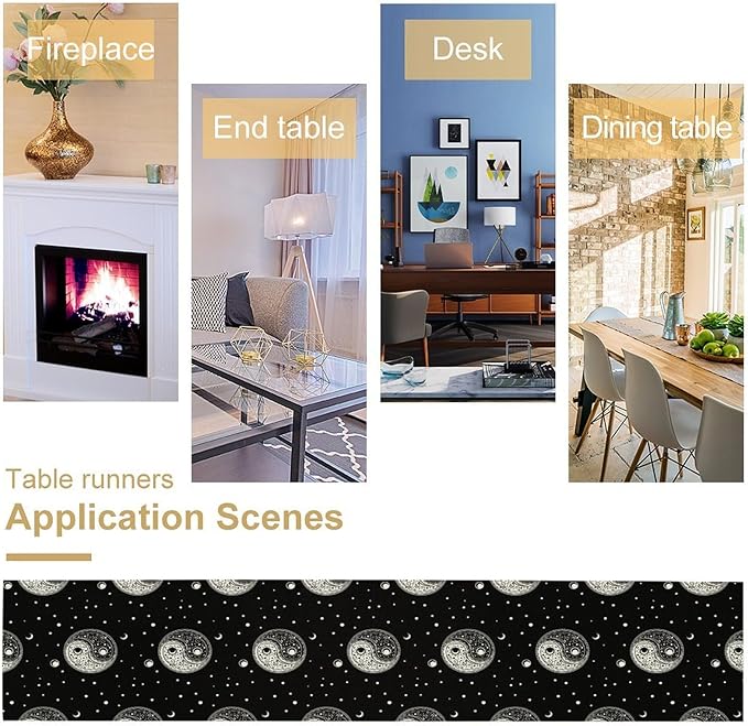 Mystical Celestial Table Runner, Vintage Bohemian Black Yin Yang Symbol Moon Stars Print Table Runner for Office Kitchen Dining Wedding Party Home Coffee Table, 13x120inch