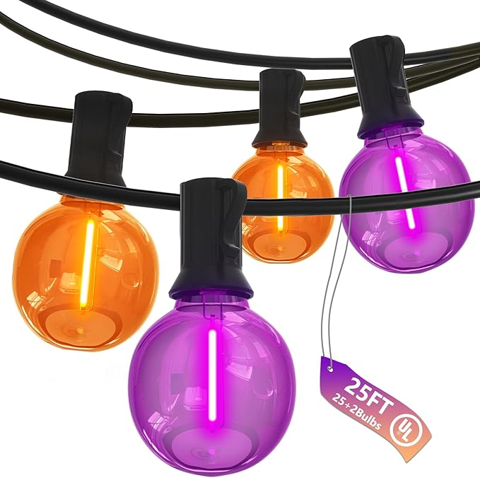 Outdoor String Lights 25 FT G40 LED Orange and Purple Globe Bulbs