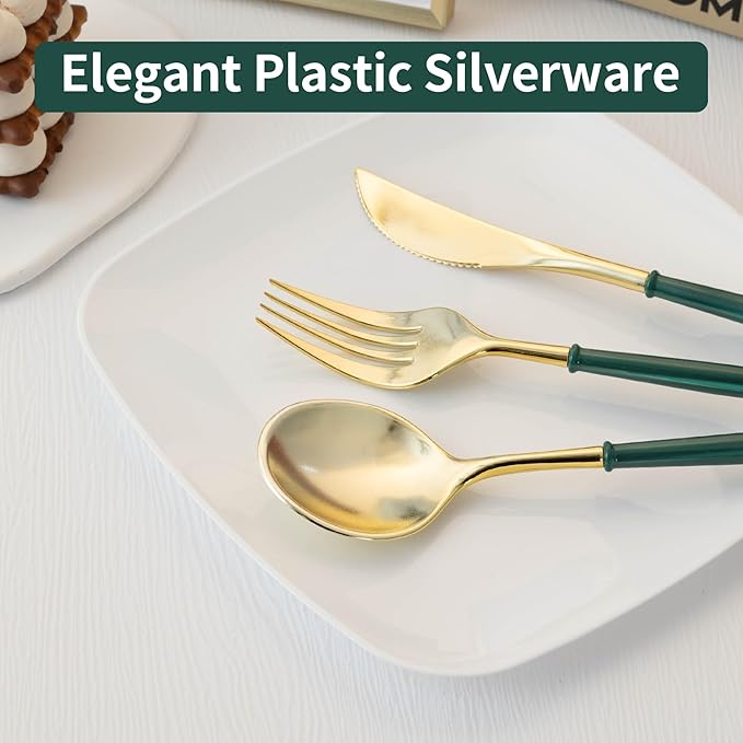 Disposable Gold Plastic Spoons, 150 Count, Green Handles