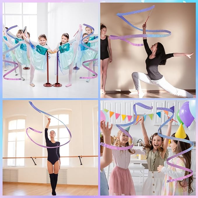 16 Pcs Sparkling Dance Ribbon for Kids Rhythmic Gymnastics Birthday Party Favors Twirling Streamer for Girl Princess Artistic Dancing Outdoor Game Supplies(Gradient Blue Purple)