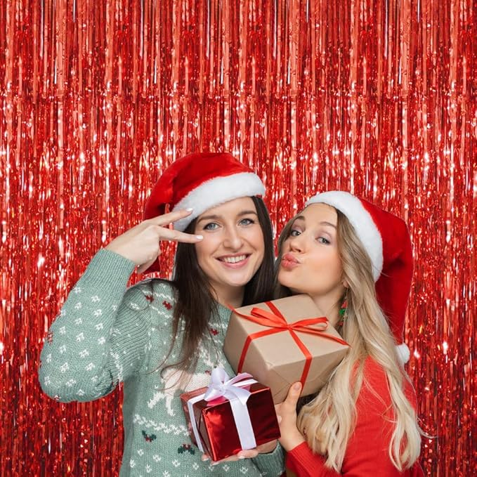 GOER 3.2 ft x 8.2 ft Metallic Tinsel Foil Fringe Curtains Party Photo Backdrop Party Streamers for Birthday,Graduation,New Year Eve Decorations Wedding Decor (1 Pack, Red)