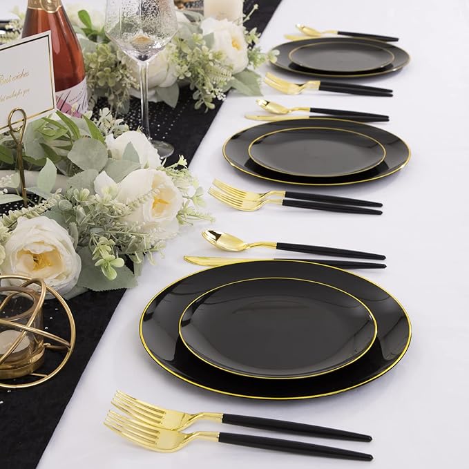 Plastic Party Plates, 60 Count, Black with Gold Rim, BPA Free