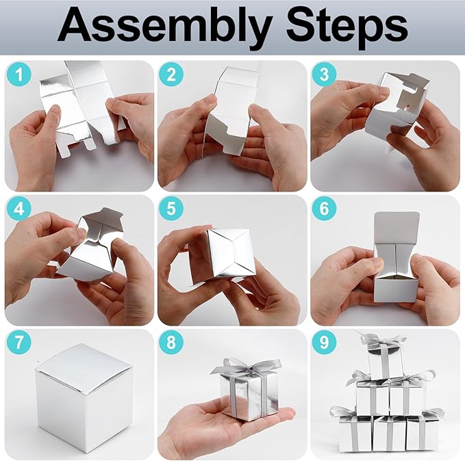 COCPOK 50 Pack Silver Gift Boxes, 2x2x2 inch Gift Box, Small Candy Boxes with Lids and Ribbons, Paper Favor Box for Wedding Bridal Shower Baby Shower Birthday Party