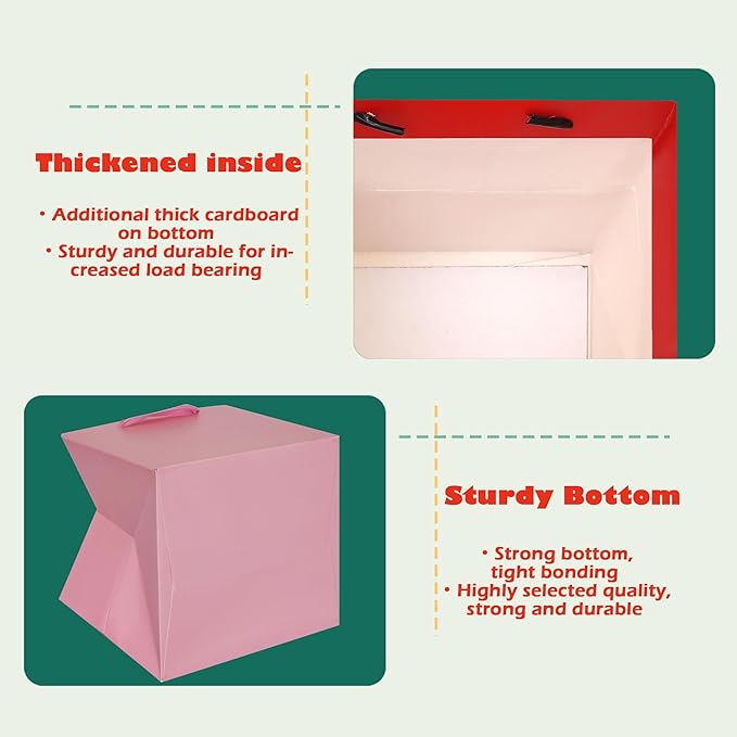 Gift Bags - Pink Square Bottom Paper Bags with Handles, 10 Pack, 10 x 10 Inch