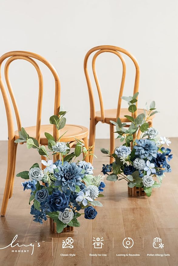 Artificial Flower Arrangements Set of 4, Dusty Blue and Navy Wedding Decor