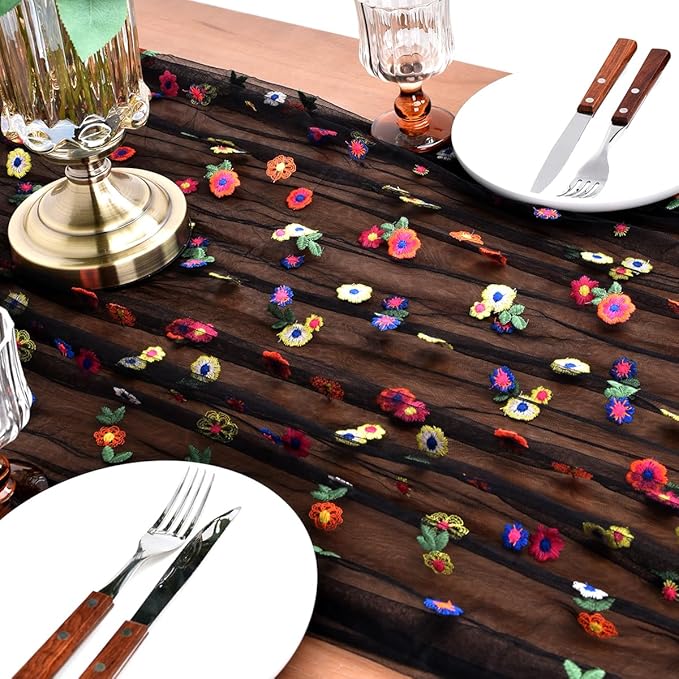Joanlody 3pcs Black Embroidery Daisy Fall Thanksgiving Table Runner 10ft Florals Seasonal Tulle Table Runner Holiday Kitchen Dining Table Decoration for Home Party Indoor