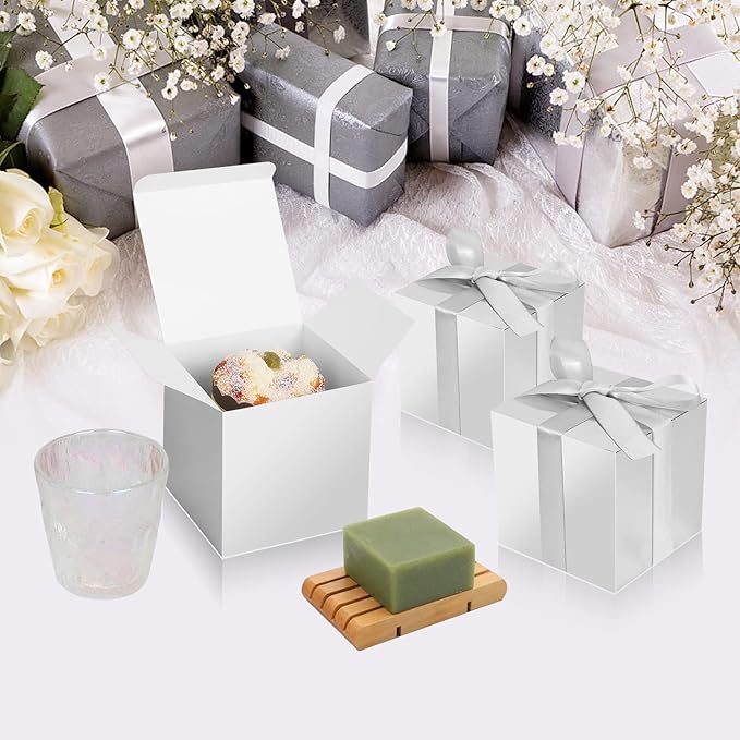 Silver Kraft Paper Favor Boxes 4x4x4 Inch with Ribbon and Tags, 50 Count