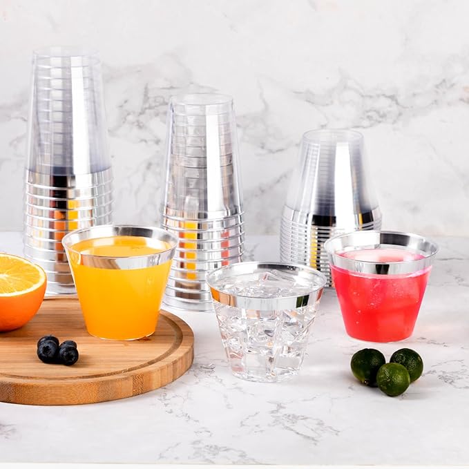 Goodluck 100PCS 14oz Silver Plastic Cups for Party, Disposable Silver Cups, Plastic Cocktail Glasses for Wedding Thanksgiving, Christmas, and Parties