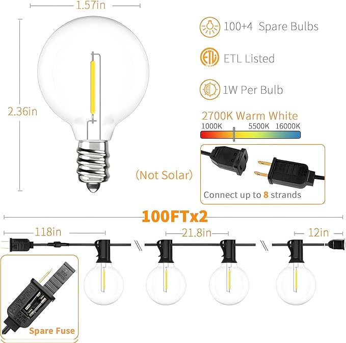 String Lights, Black G40 Globe Patio Lights in Warm White, 2-Pack of 100 FT