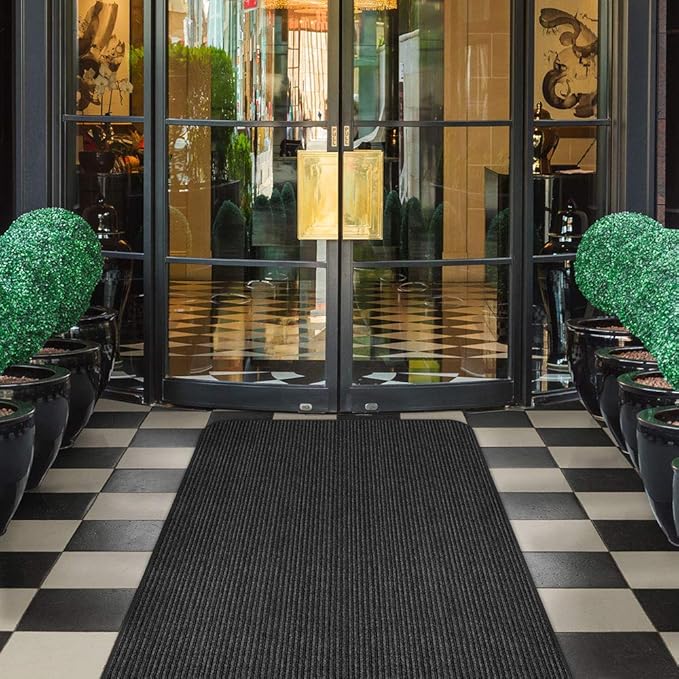 House, Home and More Indoor Outdoor Double-Ribbed Carpet Runner with Skid-Resistant Rubber Backing - Smokey Black - 3 Feet x 15 Feet