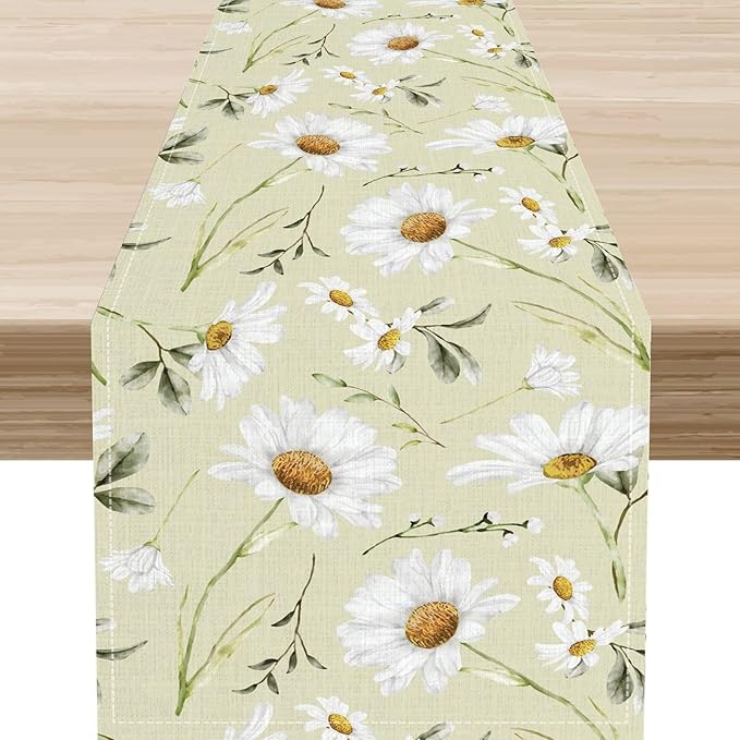Daisy Floral Table Runner, Rustic Seasonal Spring Wild Flower Rustic Blue Wood Farmhouse Table Center Decor for Home Kitchen Dining Patio Holiday Party Indoor Outdoor Table Decorations, 13"x72" Inch