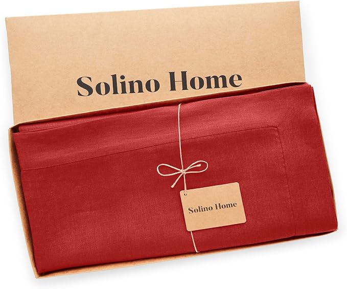 Solino Home Linen Red Tablecloth 60 x 132 Inch - 100% Pure Linen Rectangular Tablecloth - Machine Washable Table Cloth for Christmas, Fall, Autumn - Fete