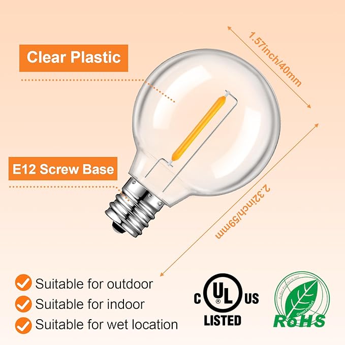 LED Edison Bulbs, 50 Pack Dimmable G40 Clear E12 Base