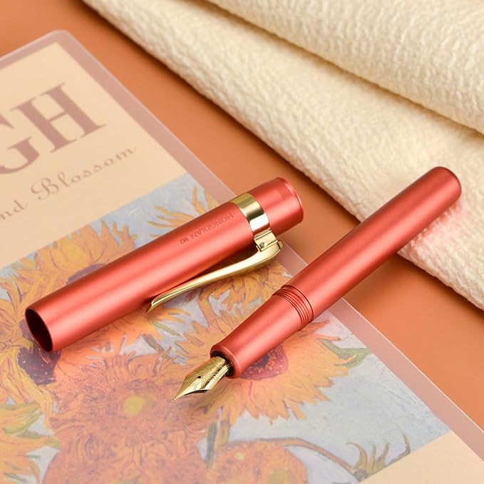 Hongdian M2 Mini Fountain Pen with Bent Nib, Sleek Shape Aluminium Short Pocket Travel Pen (Orange Red)