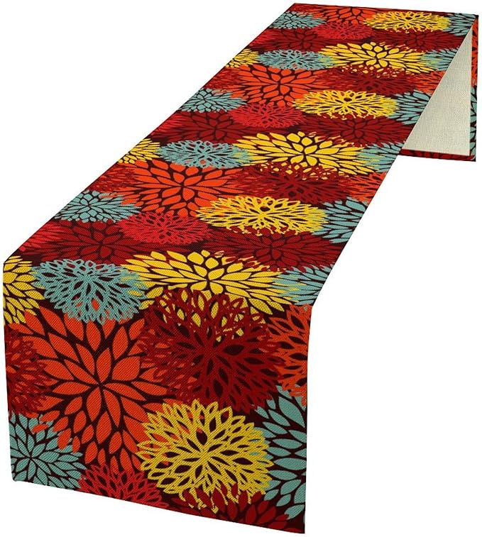 Red Yellow Dahlia Table Runner, Seasonal Autumn Thanksgiving Pattern Print for Home Kitchen Table Decor Dining Coffee Room Party Decor 13x120 Inch