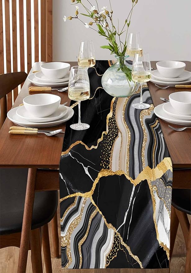 Geometric Black Marble Cotton Linen Table Runner for Dining Kitchen, Wedding Outdoor Party Tablerunners Decoration, Farm Marble Liquid Ripple Abstract Dresser Scarf Coffee Tablecloth Runners 13''x60''