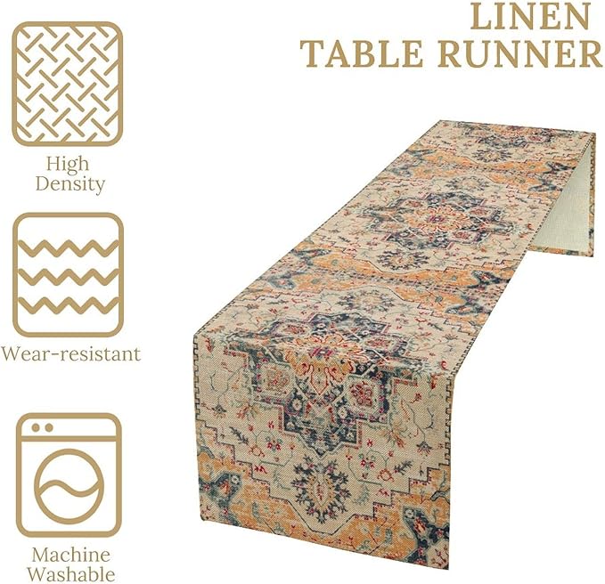 Bohemia Orange Table Runner, Rustic Farmhouse Vintage Geometric Floral Print Table Cover for Home Kitchen Dining Table Party Decor, 13x90inch