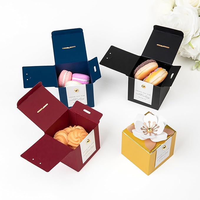 Gift Boxes, 20 Gold Candy Boxes with White Floral Decor and Thank You Tags