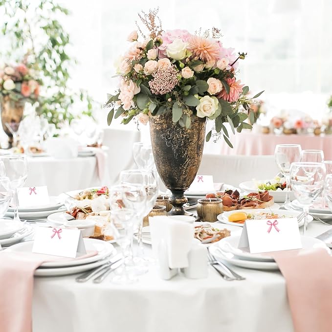 25 Pink Bow Place Cards for Table Seating, Watercolor Wedding Name Place Card, Tent Cards for Birthday Bridal Shower Baby Shower Reception Dinner Party Decorations -A23
