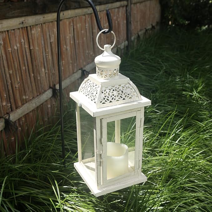 Decorative Candle Lantern, Beige Metal with Glass Panes, Indoor and Outdoor